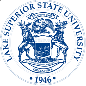 Logo for Lake Superior State University, motto: Si quaeris peninsulam amoenam circumspice, “If you are looking for a pleasant peninsula, look around!”